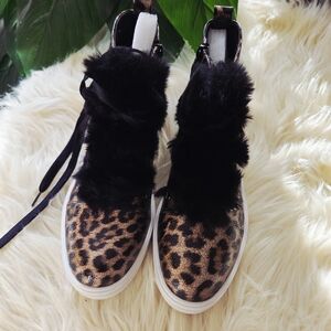 Leopard Print Fur-Trimmed Women's Sneakers